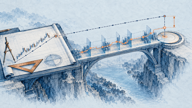 A measured gap separates a planned reference route from a stepped execution route