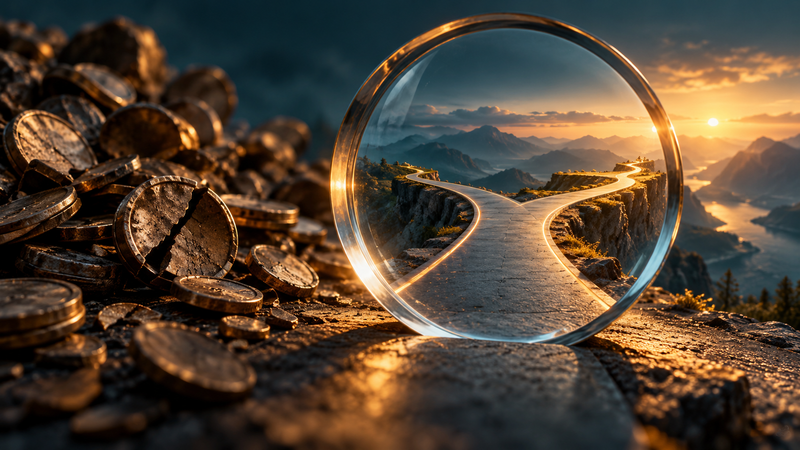 A clear forward path separates from a heavy trail of spent tokens, symbolizing a fresh decision after sunk costs.