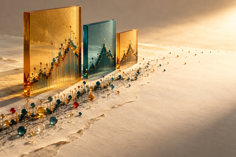 Translucent measurement frames examine past market points while the space ahead remains open.