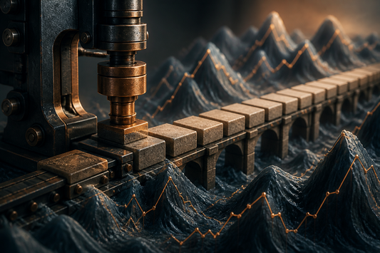 A precision machine builds uniform bridge steps across volatile market terrain.