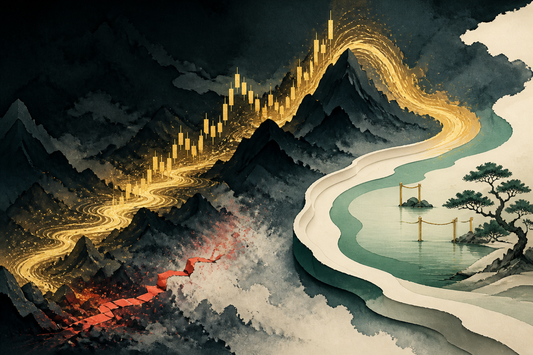 A gold market path curves back toward a calm harbor while an impulsive shortcut dissolves.