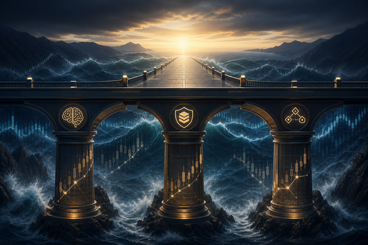 Three pillars support a clear bridge through volatile market waves.