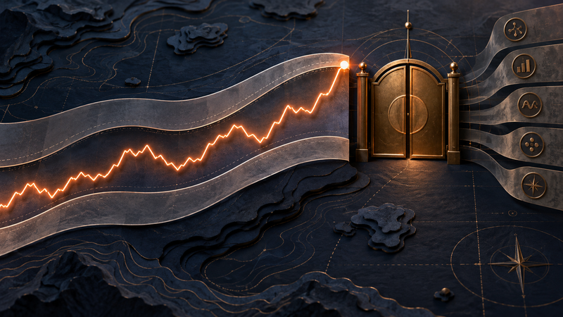 A market path reaches a boundary while a separate decision gate waits for confirmation.