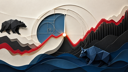 Price geometry and a clock ring converging at a focused market decision point.