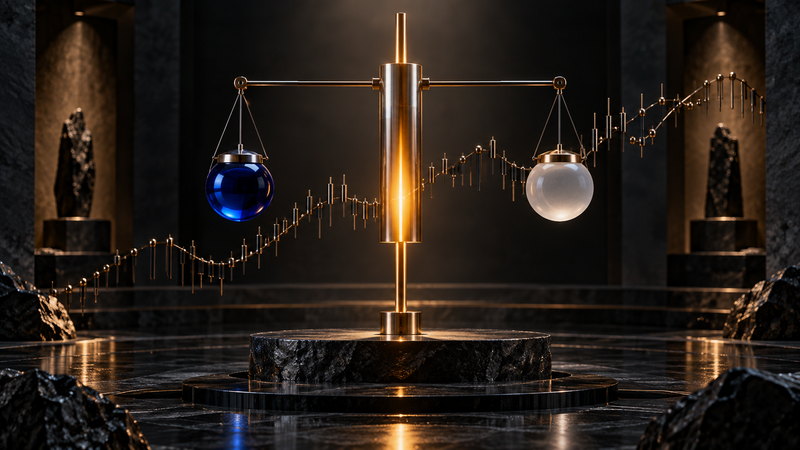 A sculptural balance contrasts concentrated market conviction with unresolved uncertainty.