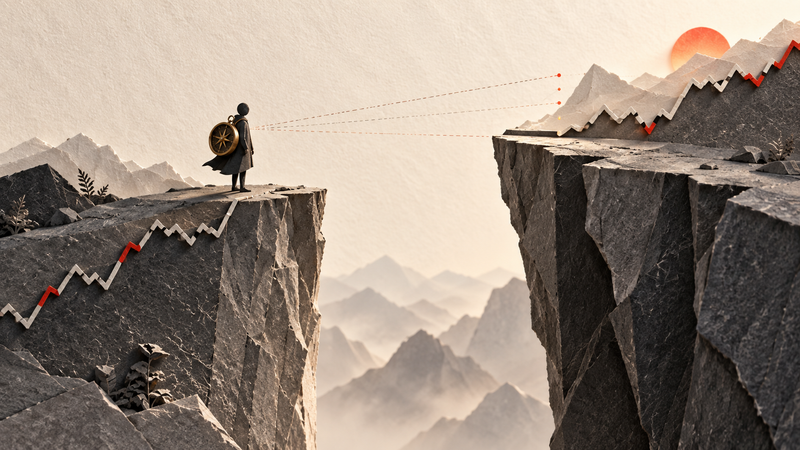 A calm market observer studies two price territories separated by a large gap.