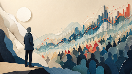 A calm observer studies a crowd whose movement becomes market price waves.