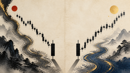 Identical candle shapes appear after opposite market trends in an ink-wash landscape.