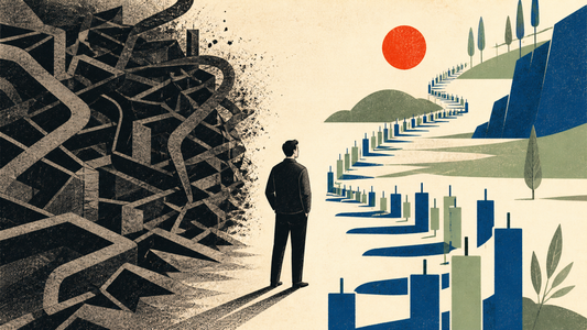 A tangled market maze becoming a clear path built from disciplined trading decisions.
