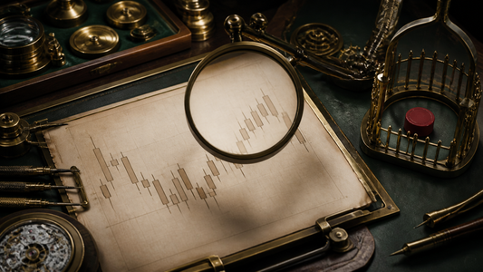 Precision instruments examining a trade blueprint before capital passes through a risk gate.