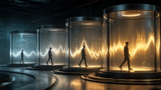A trader progresses through increasingly realistic market training chambers.