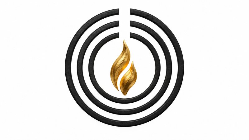 Three concentric rings and a gold flame symbolizing consecrated purpose