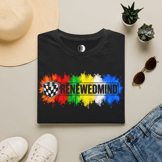 Renewed Mind T-Shirt — Rainbow Rubik Cube Graphic for Mindfulness & Mental Health Awareness